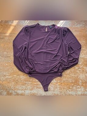Express long sleeve draped bodysuit solid plum, size large